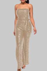 Street Solid Bandage Sequins Patchwork Strapless Regular Jumpsuits(5 Colors)