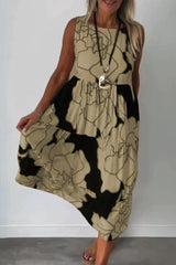 Casual Vintage Print Flowers Patchwork O Neck Sleeveless Dresses
