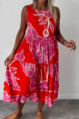 Casual Vintage Print Flowers Patchwork O Neck Sleeveless Dresses