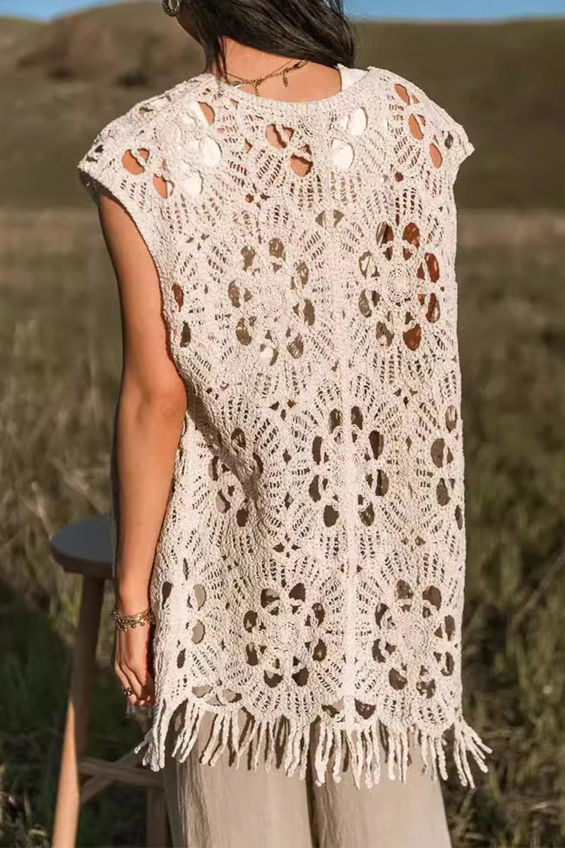 Casual Vacation Hollow Out Fringed Hem V Neck Waistcoats