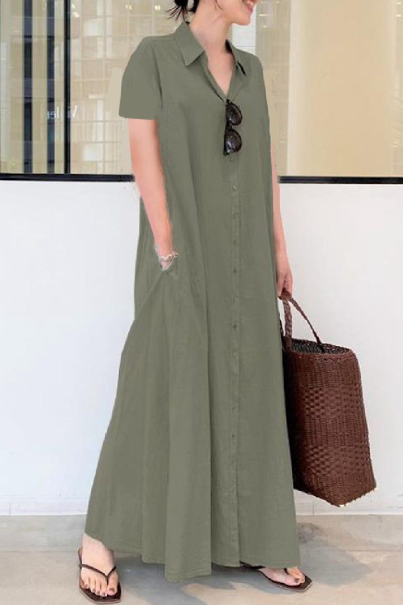 Casual Solid Color Print Patchwork Shirt Collar Long Dresses(6 Colors)