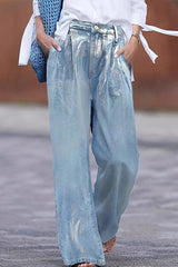 Casual Street Gradient Print Pocket Sequined Contrast High Waist Loose Denim Jeans