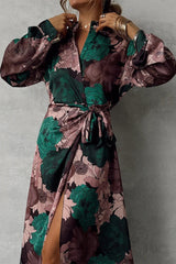 Daily Elegant Floral Print Lace Up Slit Turndown Collar Shirt Dresses