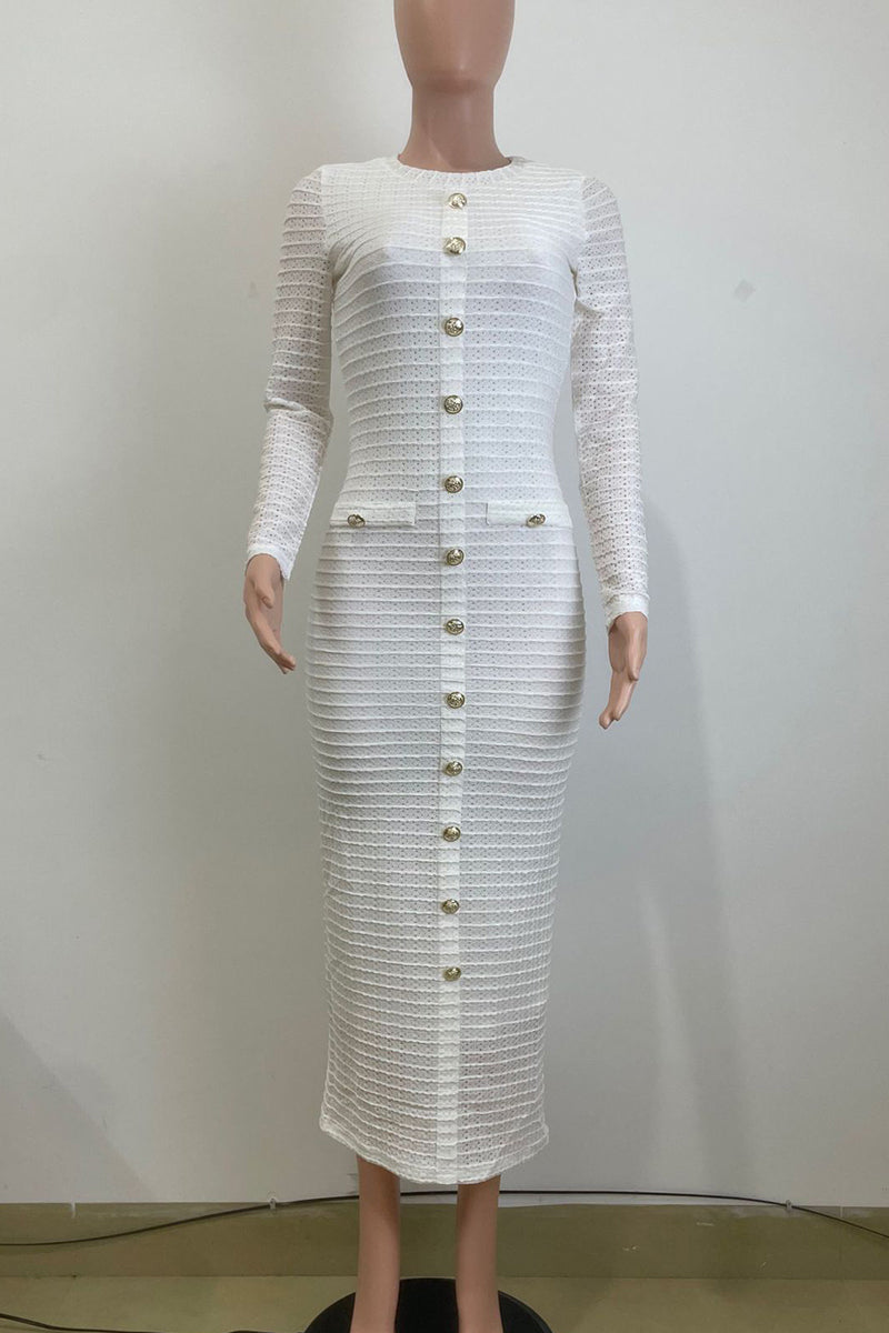 Elegant Solid Color Buckle Patchwork O Neck Long Dresses