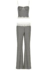 Casual Plaid Lace Patchwork Backless Spaghetti Strap Sleeveless Two Pieces