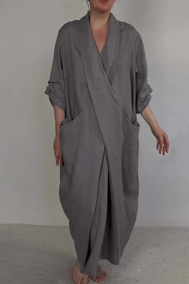 Casual Pocket Slit V Neck Irregular Long Dresses(7 Colors)