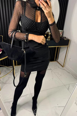 Sexy Buttons Mesh Hot Drill Turndown Collar Wrapped Skirt Dresses