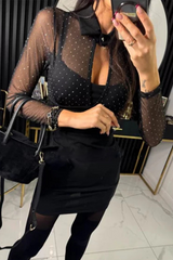 Sexy Buttons Mesh Hot Drill Turndown Collar Wrapped Skirt Dresses