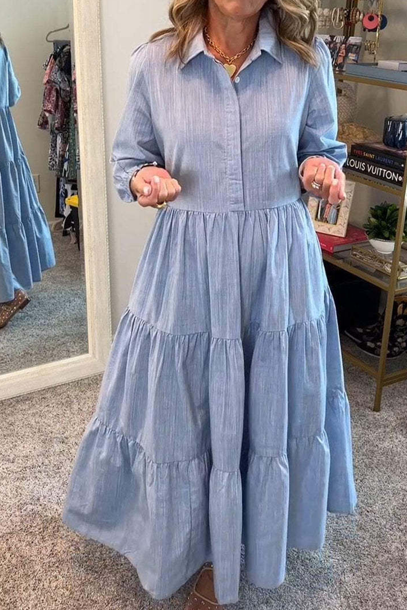 Casual Solid Color Buttons Ruffle Turndown Collar A Line Dresses