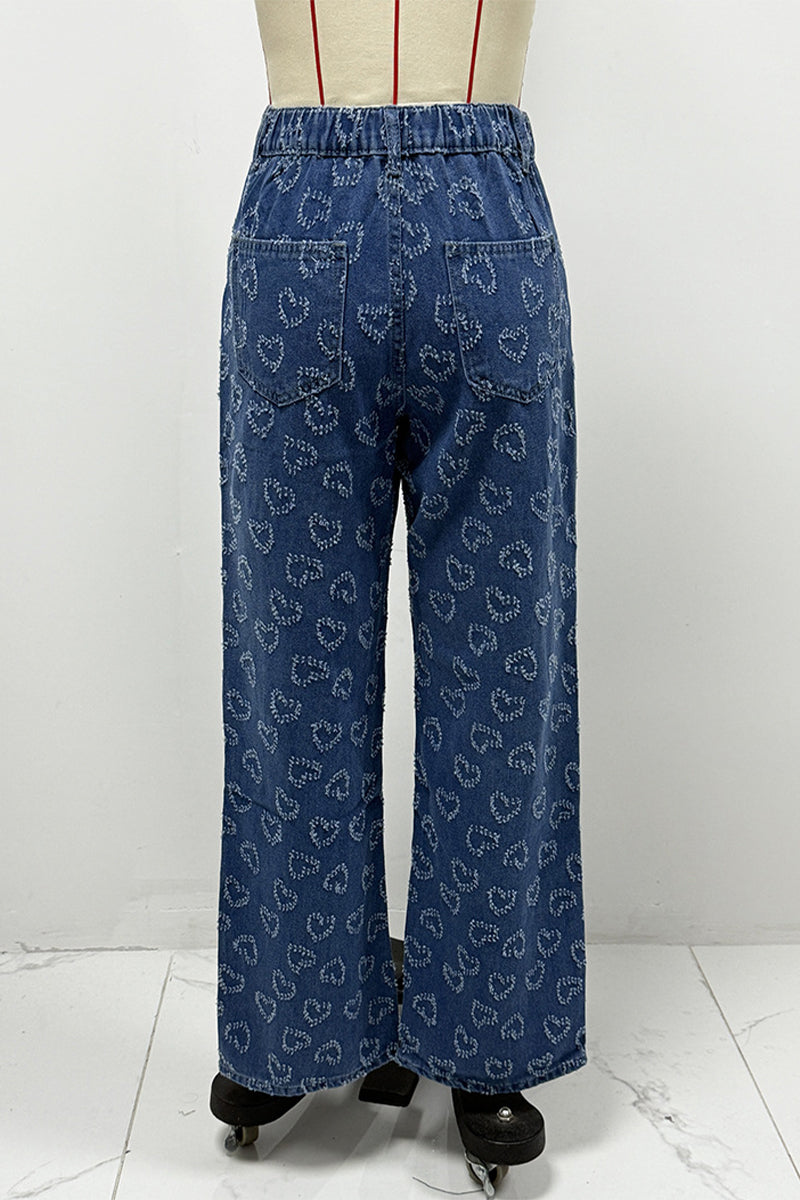 Casual Heart Shaped Distressed Patchwork High Waist Loose Denim Jeans