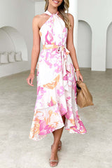 Elegant Floral Print Lace Up Ruffle Halter Irregular Dresses