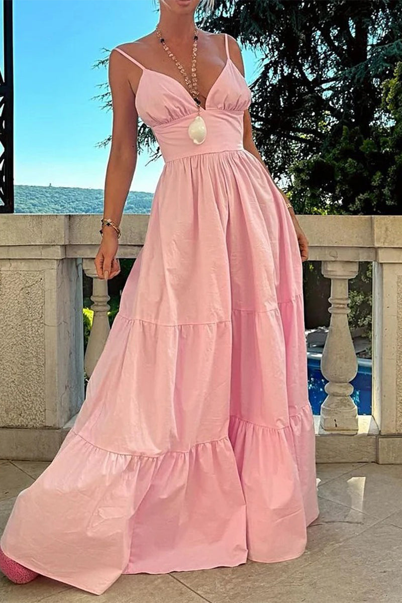 Sexy Solid Color Backless Flounce V Neck Waist Skirt Dresses