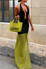 Sexy Solid Color Patchwork Backless Contrast Halter Long Dresses