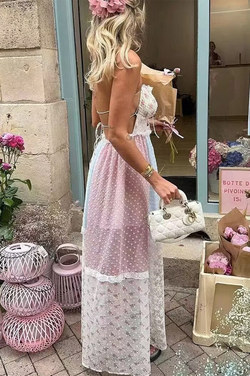 Elegant Floral Print Lace Draw String Backless Contrast Halter Long Dresses