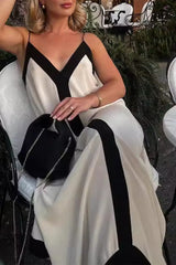 Casual Stripe Patchwork Contrast V Neck Sling Dresses