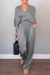 Casual Pocket V Neck Three Quarter Two Pieces(7 Colors)