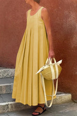 Casual Solid Color Pleated O Neck Sleeveless Dresses