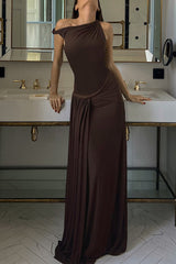 Sexy Solid Color Irregular Pleated Oblique Collar Irregular Dresses