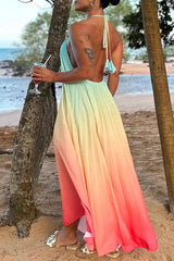 Sexy Gradient Print Lace Up Backless Contrast Halter Long Dresses
