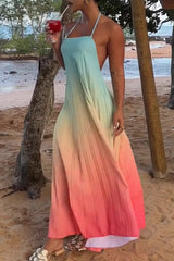 Sexy Gradient Print Lace Up Backless Contrast Halter Long Dresses