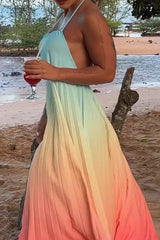 Sexy Gradient Print Lace Up Backless Contrast Halter Long Dresses