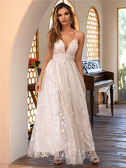 Glamorous plunging backless sparkly dress