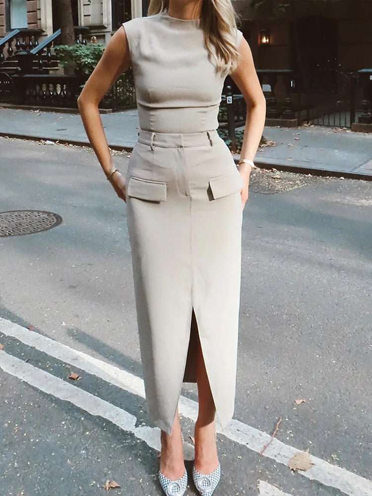 2 Piece Sets O Neck Sleeveless Top Fake Pockets Split Skirt