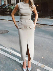 2 Piece Sets O Neck Sleeveless Top Fake Pockets Split Skirt