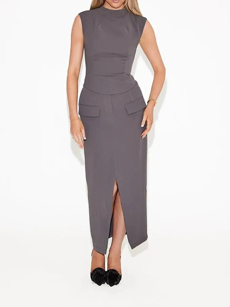 2 Piece Sets O Neck Sleeveless Top Fake Pockets Split Skirt