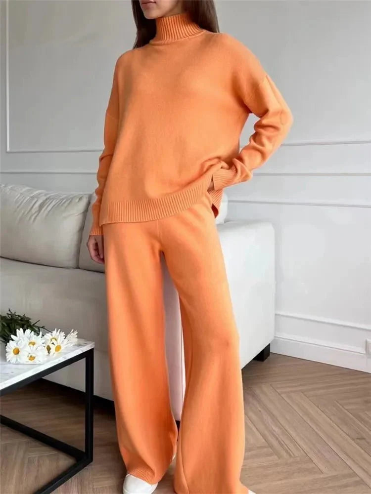 2 Pieces Sets Knitted Turtleneck Sweater and Straight Jogging Pants