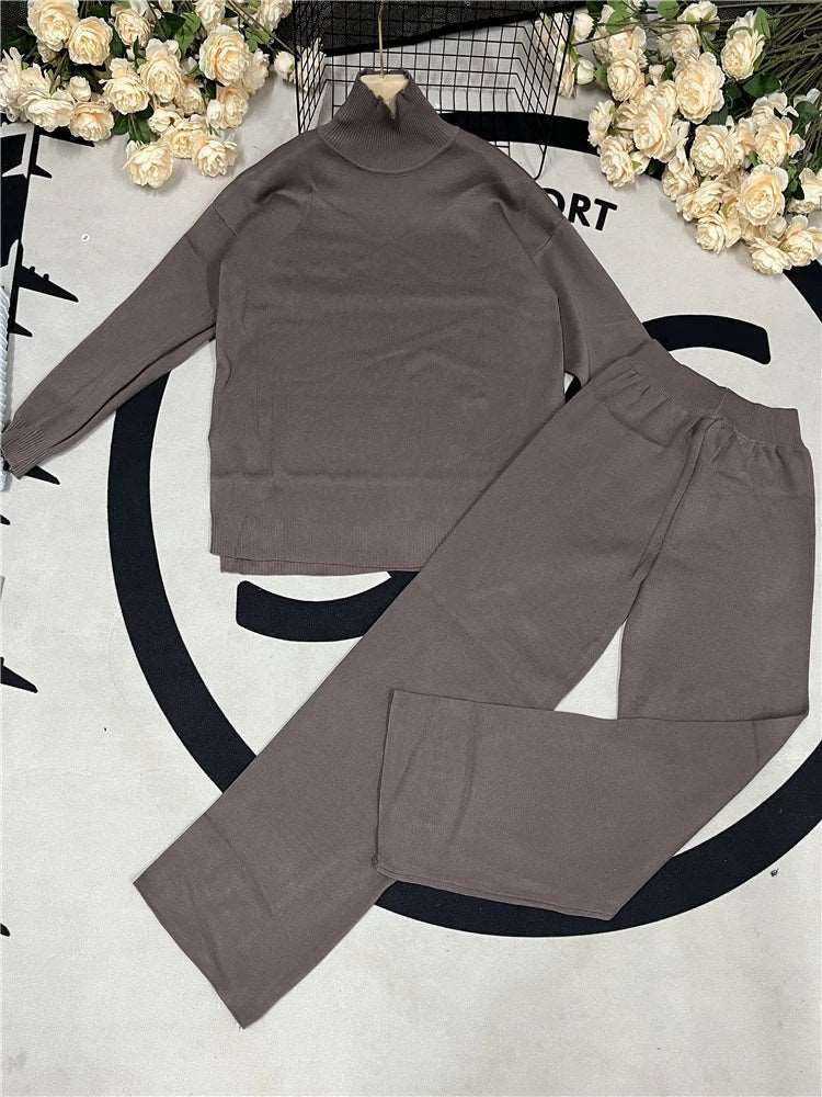 2 Pieces Sets Knitted Turtleneck Sweater and Straight Jogging Pants