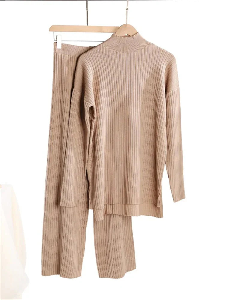 2 Pieces Sets Knitted Turtleneck Sweater and Straight Jogging Pants