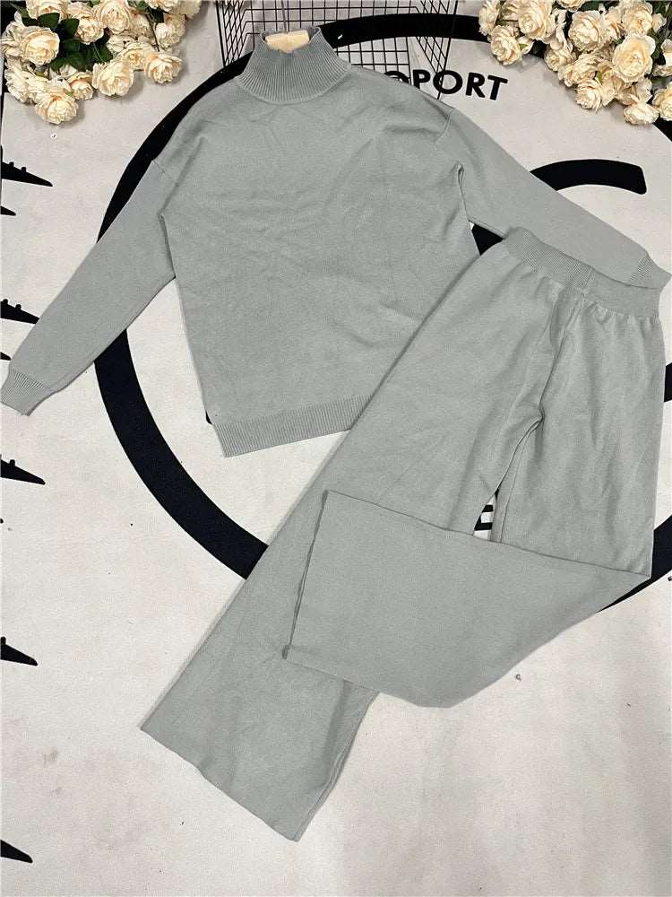 2 Pieces Sets Knitted Turtleneck Sweater and Straight Jogging Pants
