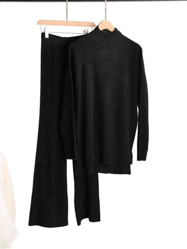 2 Pieces Sets Knitted Turtleneck Sweater and Straight Jogging Pants