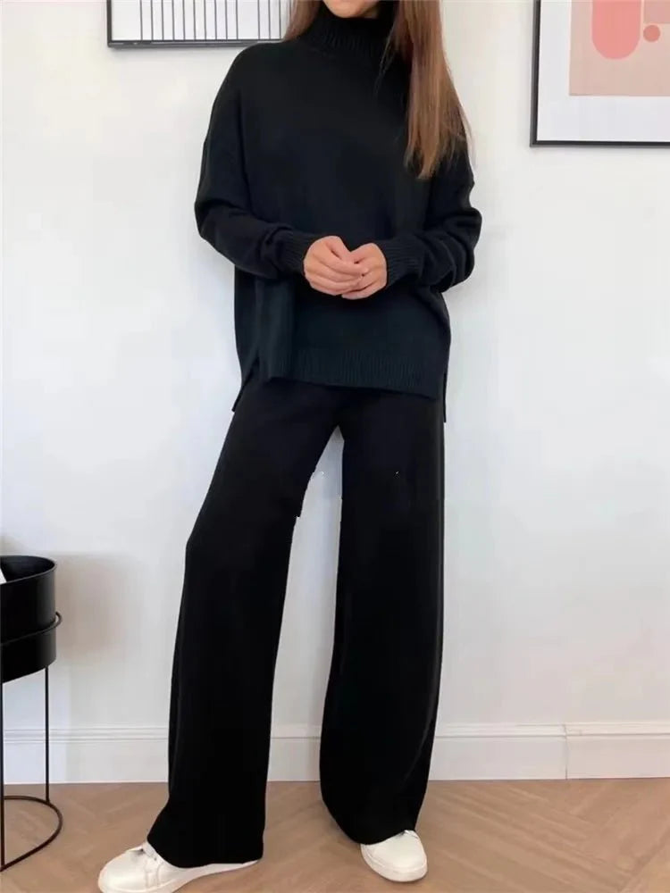 2 Pieces Sets Knitted Turtleneck Sweater and Straight Jogging Pants