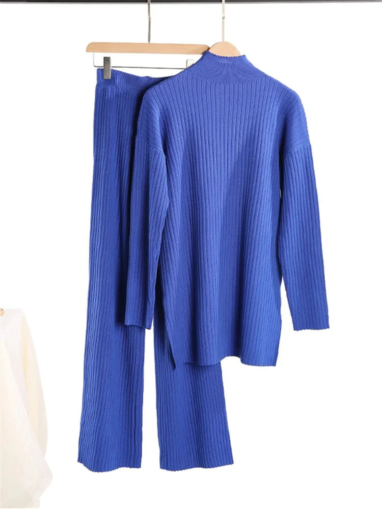 2 Pieces Sets Knitted Turtleneck Sweater and Straight Jogging Pants