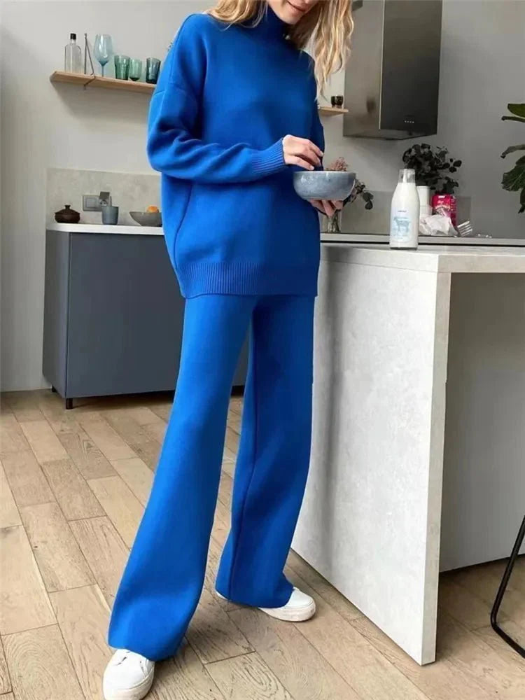 2 Pieces Sets Knitted Turtleneck Sweater and Straight Jogging Pants