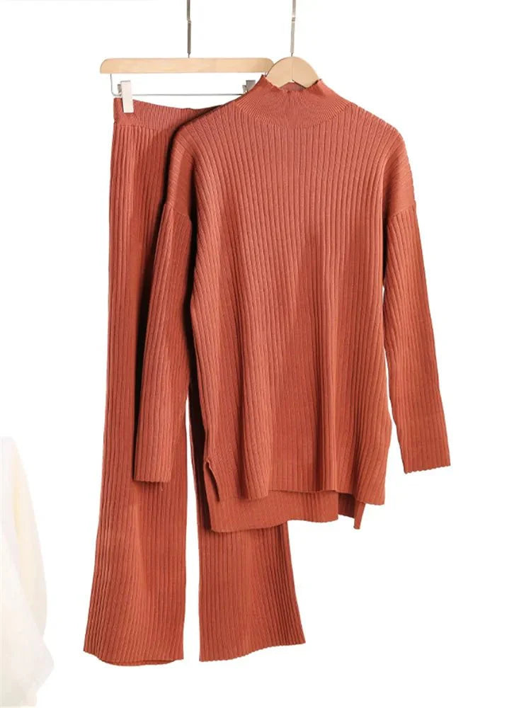 2 Pieces Sets Knitted Turtleneck Sweater and Straight Jogging Pants