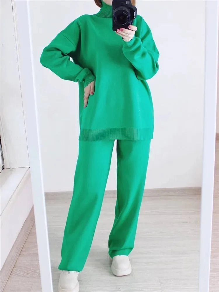 2 Pieces Sets Knitted Turtleneck Sweater and Straight Jogging Pants