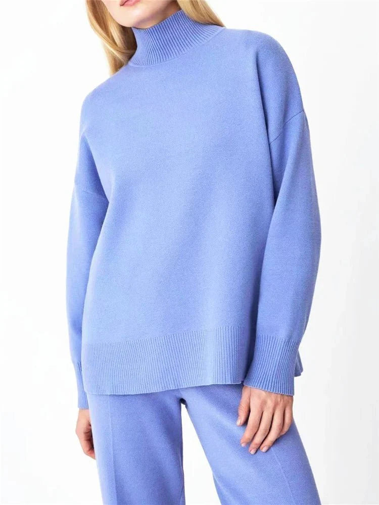 2 Pieces Sets Knitted Turtleneck Sweater and Straight Jogging Pants