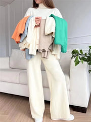 2 Pieces Sets Knitted Turtleneck Sweater and Straight Jogging Pants