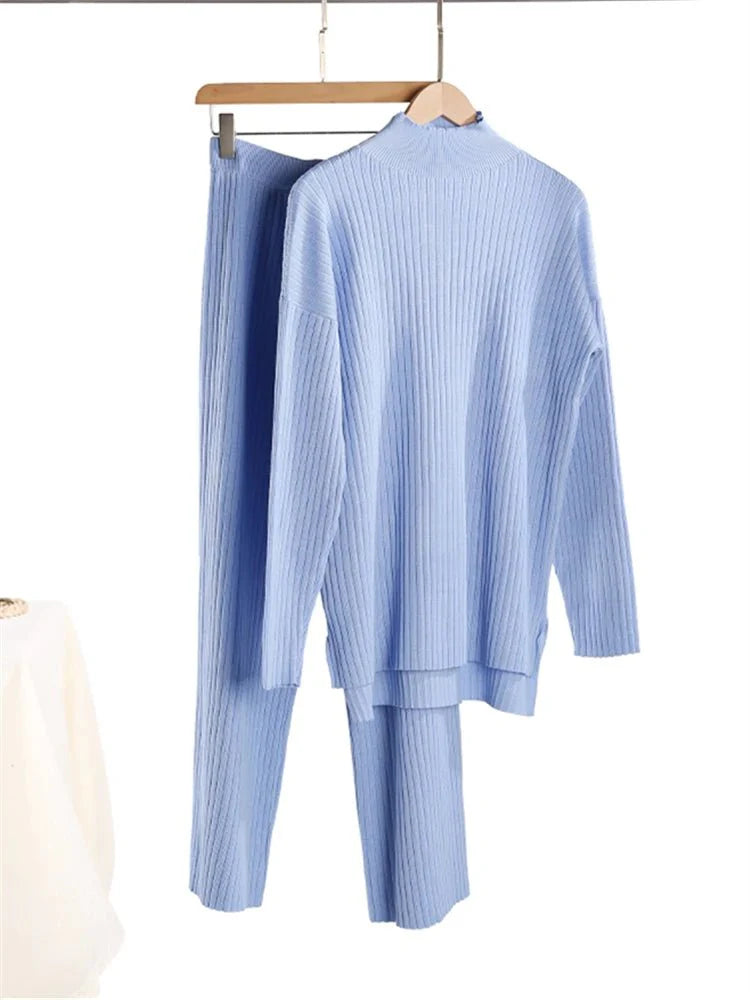 2 Pieces Sets Knitted Turtleneck Sweater and Straight Jogging Pants