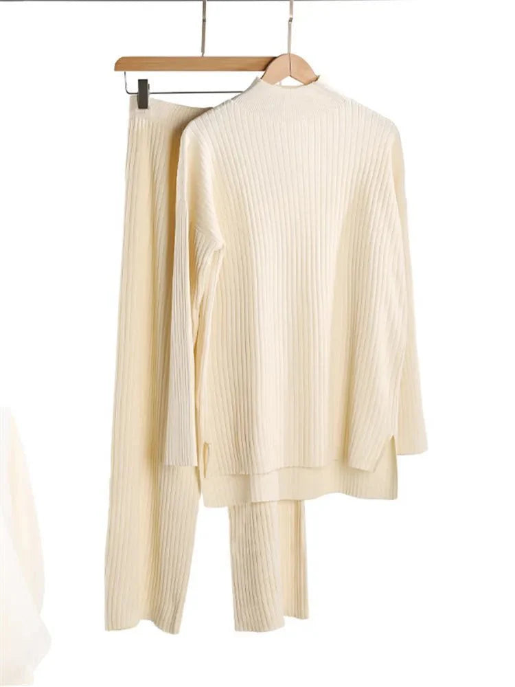 2 Pieces Sets Knitted Turtleneck Sweater and Straight Jogging Pants