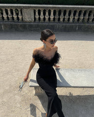 Women's Feather Elegant Strapless Long Party Dresses