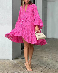 Solid Color V Neck Loose Lace Swing Dress