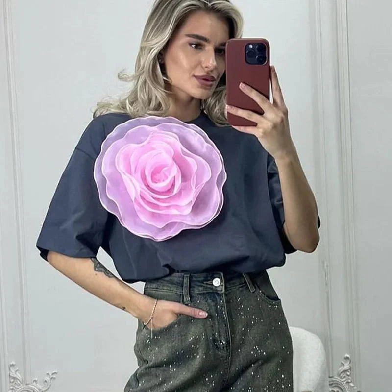 3D Flowers Short Sleeve Decorative Tops