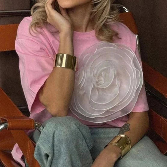 3D Flowers Short Sleeve Decorative Tops