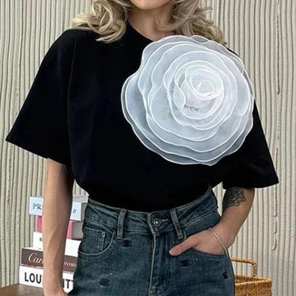 3D Flowers Short Sleeve Decorative Tops