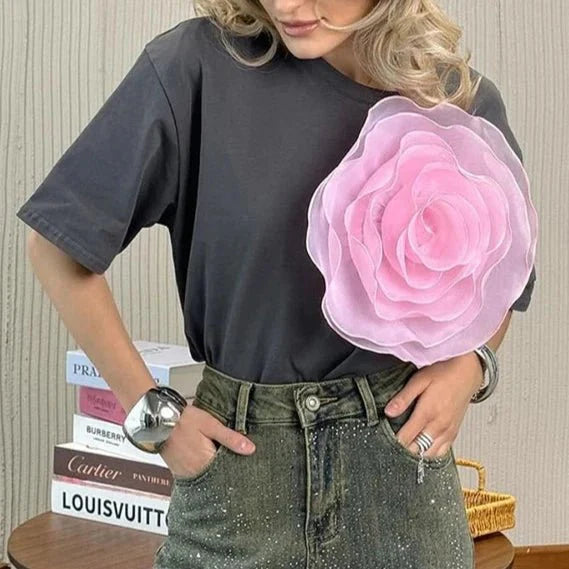 3D Flowers Short Sleeve Decorative Tops