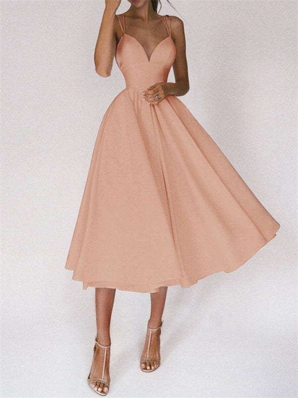 A-Line Ruffles V-neck Sleeveless Satin Tea-Length Dress